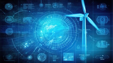 Graphic image of a windmill against the background of a diagram of energy production and use. Sustainable wind energy process. Virtual data technology. Green energy production. Mockup, illustration.