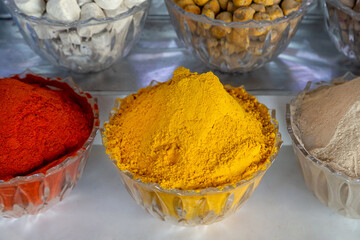 Variety of Arabic spices in the traditional spice market in Dubai