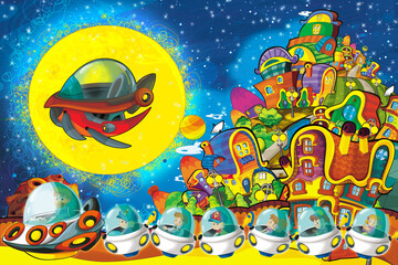 Cartoon funny colorful scene of cosmos galactic alien ufo space craft ship illustration for kids