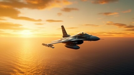 Fototapeta na wymiar F-16 air force fighter flying over the ocean, beautiful sunset over horizon on the background. Jet military aircraft patrols territory, makes a training flight. Close up aerial view. 3D rendering.