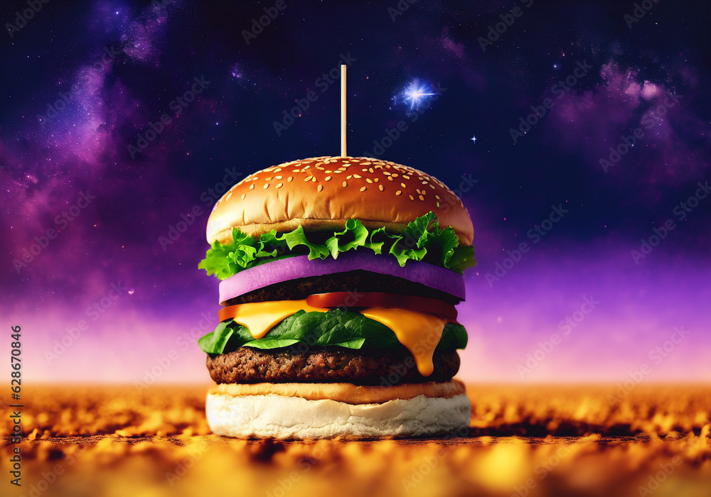 Wall mural big tasty hamburger on the background of cosmic space with stars.