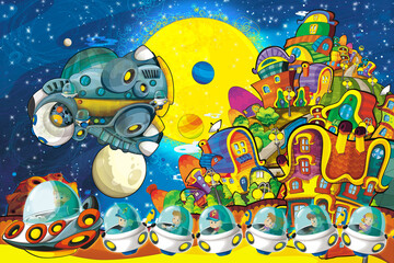 Obraz na płótnie Canvas Cartoon funny colorful scene of cosmos galactic alien ufo space craft ship illustration for kids