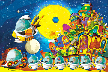 Cartoon funny colorful scene of cosmos galactic alien ufo space craft ship illustration for kids