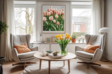 There are two cozy armchairs positioned facing each other, accompanied by a coffee table adorned with a vase of tulips. The interior design of the living room reflects a 1960s style, featuring vintage