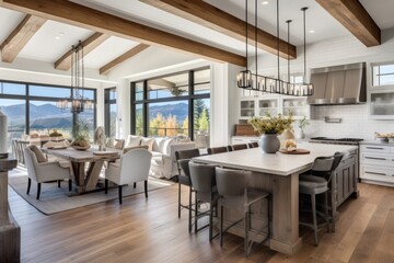 This new farmhouse style luxury home has a dining room and kitchen that are designed with an open concept floor plan and elegant pendant light fixtures. The dining area and kitchen feature a cross