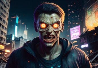 Scary zombie man on the background of the city, zombie Apocalypse. Halloween concept. Generative AI
