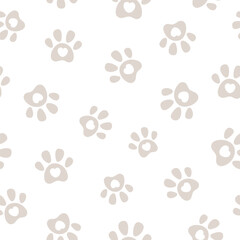 Seamless pattern with cute pet paw footprint. Vector illustration with paw and hearts on white background. It can be used for wallpapers, wrapping, cards, patterns for clothes and other. 