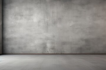 This is a background texture of a concrete wall in a grey cement room. The interior showcases a rough floor with no objects, allowing ample space for editing text or any other content. It can serve as