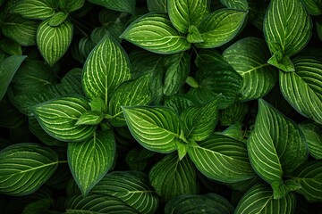 Top view of a lush ornamental plant with vibrant green leaves, showcasing its beautiful patterned texture. These verdant leaves make for an ideal background, suitable for a spa banner or green themed