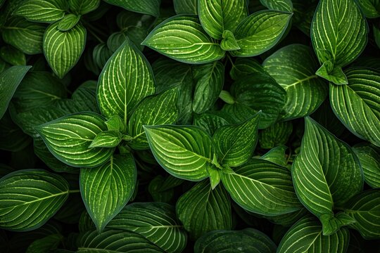 Fototapeta Top view of a lush ornamental plant with vibrant green leaves, showcasing its beautiful patterned texture. These verdant leaves make for an ideal background, suitable for a spa banner or green themed