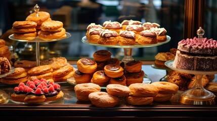 Sweet pastries with berries. Showcase in a candy store. Glass stand with cake eclairs and tartlets. refrigerator shelves with sweets. Confectioner's work space. 