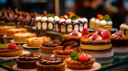 Fototapeta premium Sweet pastries with berries. Showcase in a candy store. Glass stand with cake eclairs and tartlets. refrigerator shelves with sweets. Confectioner's work space. Generative AI