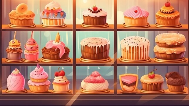 Illustration of Sweet pastries with berries. Showcase in a candy store. Glass stand with cake eclairs and tartlets. Bakers, Generative AI