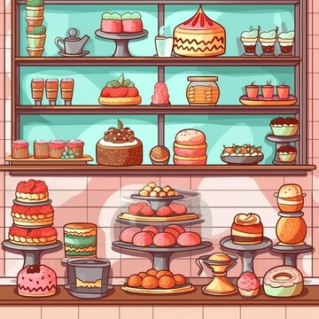 Illustration of Sweet pastries with berries. Showcase in a candy store. Glass stand with cake eclairs and tartlets. Bakers, Generative AI