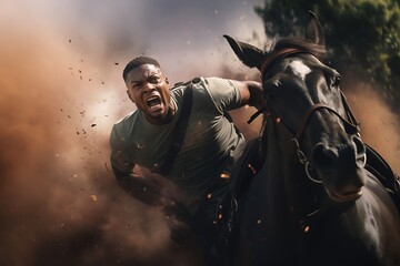 A handsome black man falling from a running horse