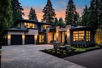 Fototapeta na wymiar This splendid newly built residence in Bellevue, WA exudes an elegant and modern aesthetic. The property includes a two car garage and a meticulously maintained front yard, perfectly embodying the