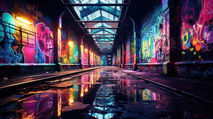 Fototapeta na wymiar Hintergrund urbane Street Art Tunnel und Gebäude mit Neon Beleuchtung und Licht Effekte