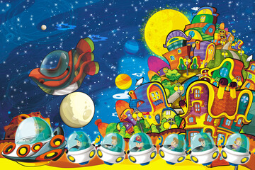 Cartoon funny colorful scene of cosmos galactic alien ufo space craft ship illustration for kids