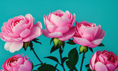 Beautiful pink peony flowers on blue background. Close-up. Generative AI.