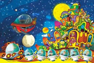 Cartoon funny colorful scene of cosmos galactic alien ufo space craft ship illustration for kids