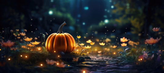 Naklejka na ściany i meble Halloween Kürbis Hintergrundbild mit Wald und Platz für Text oder Produkt