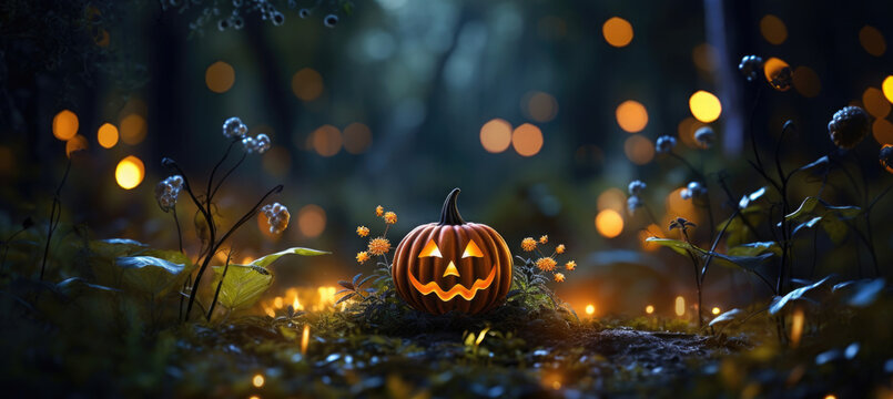 Halloween Kürbis Hintergrundbild mit Wald und Platz für Text oder Produkt