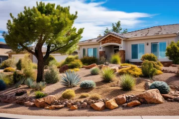Foto op Canvas The view of a suburban house, captured by Streetview, showcasing a front yard that features xeriscape landscaping. © 2rogan