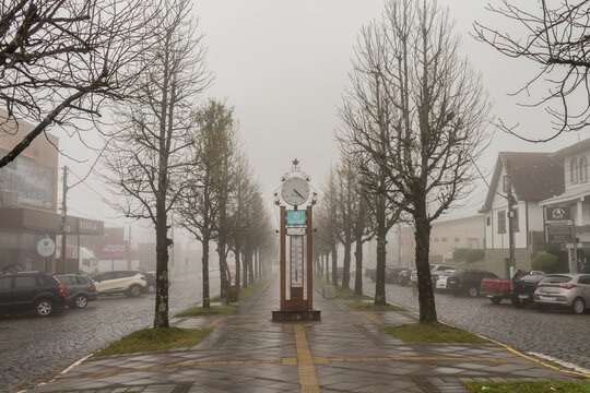 Sao Francisco de Paula, Brazil - July 28th 2023: Julio de Castilhos Avenue on a foggy winter day