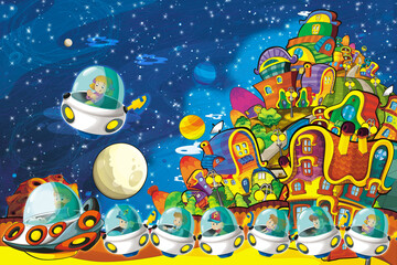 Cartoon funny colorful scene of cosmos galactic alien ufo space craft ship illustration for kids