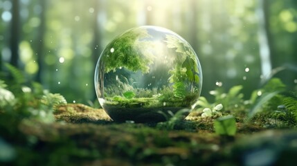 Obraz na płótnie Canvas Transparent crystal sphere in a green forest filled with sunlight. Grass and trees are reflected in the glass globe. Protection of water resources concept. Environmental care. Earth Day. 3D rendering.