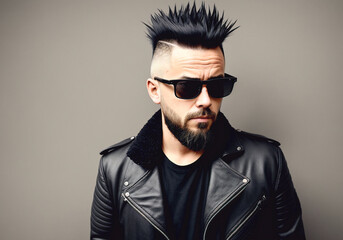 Obraz premium Young punk man wearing black glasses. Portrait of bold male with bright image, daring style. Generative AI.