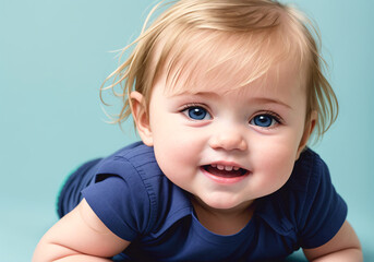Naklejka premium Portrait of a cute baby on a blue background. Generative AI.
