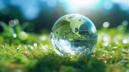 Obraz na płótnie Canvas Transparent crystal sphere filled with sunlight on green grass. Glass globe with outlines of continents, symbolizing Earth. Protection of water resources concept. Environmental care. 3D rendering.
