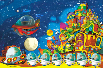 Cartoon funny colorful scene of cosmos galactic alien ufo space craft ship illustration for kids