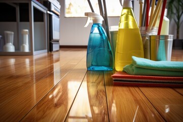 close-up of bamboo floor planks with cleaning supplies