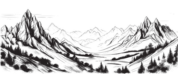 Vector sketch of hand drawn graphic mountain ranges and pine forest. Natural landscape. Black and white backgrounds for outdoor camping.