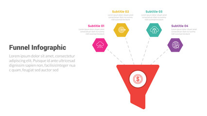 funnel shape infographics template diagram with spreading honeycomb on top of funnel and 4 point step creative design for slide presentation