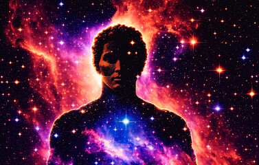 Fototapeta na wymiar Human body with glowing nebula and stars. Science fiction illustration. The concept of God in the image of a man against the background of the universe. Generative AI.