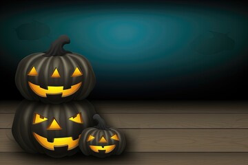 Halloween background with pumpkins on wooden table. Vector illustration.