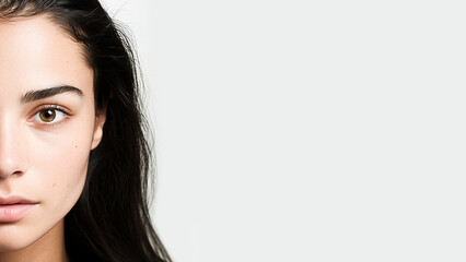 Naklejka premium Beautiful young girl with perfect skin on a light background. Empty place. Beauty banner.