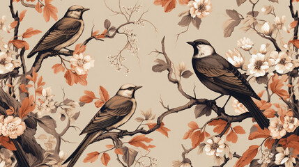 Vintage Bird Wallpaper Pattern on Brown, Beige, and Tan Background - In Rococo Style - Branches and Dried Leaves - Generative AI