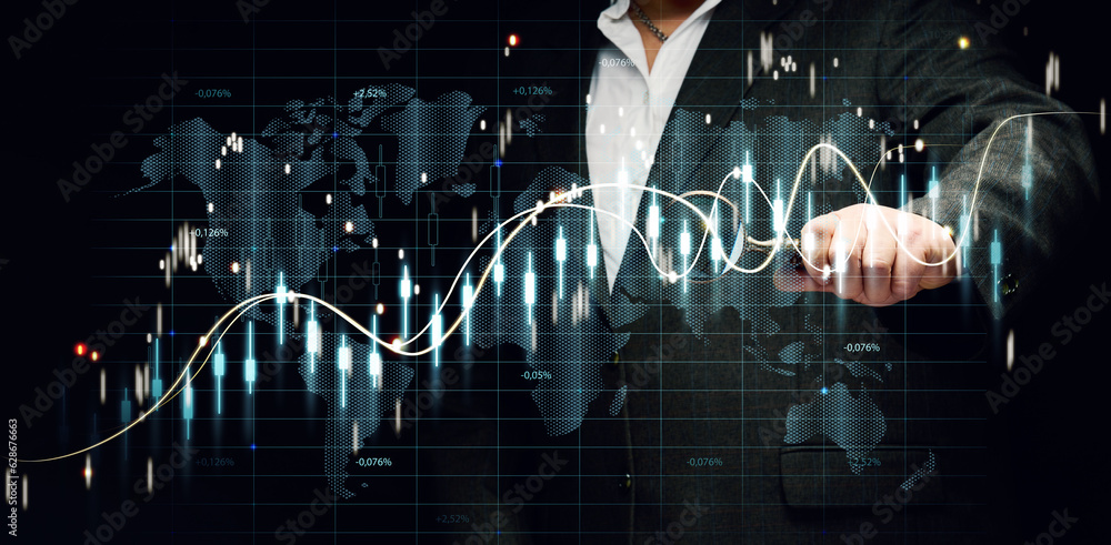 Aufkleber graph of price growth and indicators. analysis of indicators on a virtual screen by a businessman in