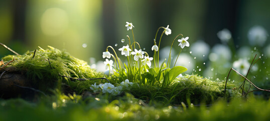 little white spring flowers on green grass with bokeh background