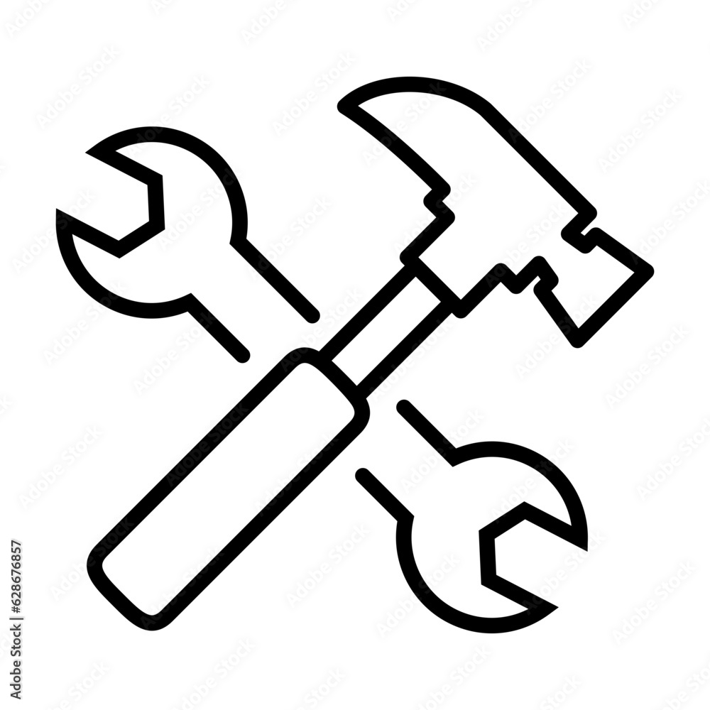 Wall mural Black hammer and wrench crossed line icon, tools needed, simple professional equipment flat design pictogram vector for app logo web banner button ui ux interface elements isolated on white background