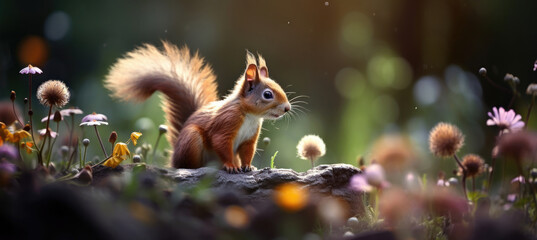 Fototapeta premium Rotes Eichhörnchen im Wald auf der Wiese mit Blumen, Pilze und Baum. Hintergrund mit Bokeh mit Platz für Text oder Produkt