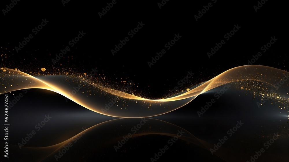 Poster Generative AI : Black luxury background with golden line elements and light ray effect decoration and bokeh.