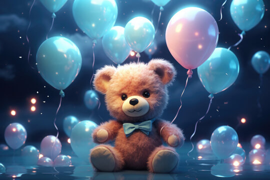 Teddybär mit rosa und hellblauen Luftballons für Geburtstag Feier
