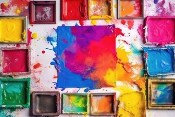 Various watercolor paints on a blank white background, artist's frame in collage style.
