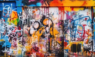 Walls in the form of collage work in the style of spray paint art covered with graffiti of...