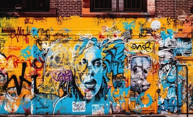 Walls in the form of collage work in the style of spray paint art covered with graffiti of different colors and styles.